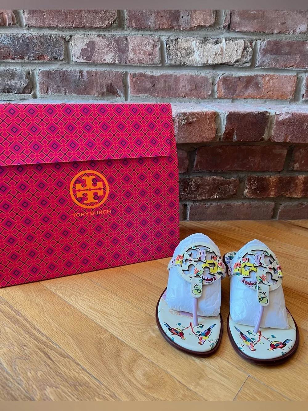 Tory Burch Pink Porcelain Floral Printed Leather Miller Welt Sandals